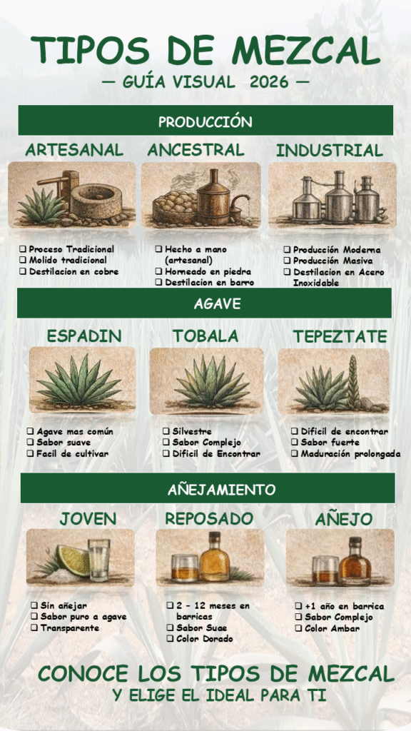 tipos de mezcal artesanal ancestral industrial agave espadin tobala tepeztate joven reposado añejo