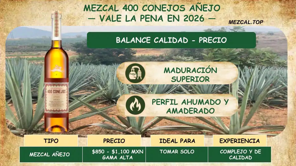 Infografía técnica Mezcal 400 Conejos Añejo: Precio 2026, notas de sabor ahumado y perfil de maduración superior