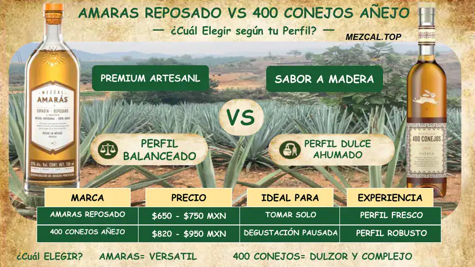 Infografía comparativa de Mezcal Amarás Reposado versus Mezcal 400 Conejos Añejo, mostrando diferencias en precio en México, perfil de sabor y tiempo de maduración en barrica.