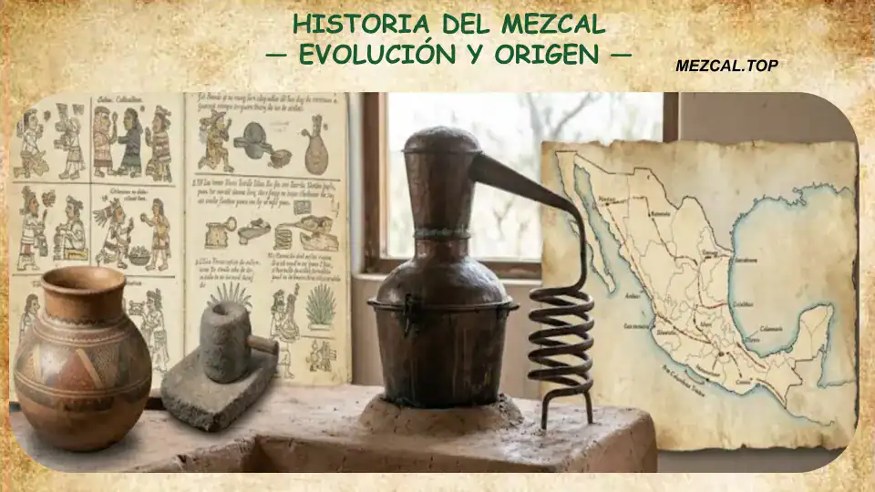 volución de la destilación del mezcal mostrando un alambique rústico de cobre e instrumentos históricos